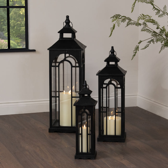 Set Of Three Black Wooden Lanterns With Archway Design