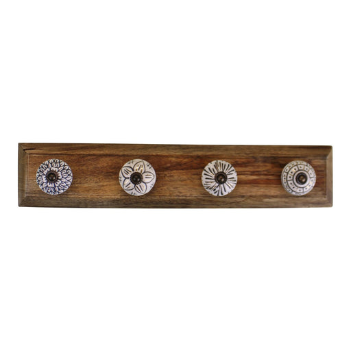 4 Single Ceramic Ivory Coat Hooks On Wooden Base - Kozeenest