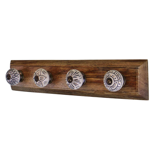 4 Single Ceramic Ivory Coat Hooks On Wooden Base - Kozeenest