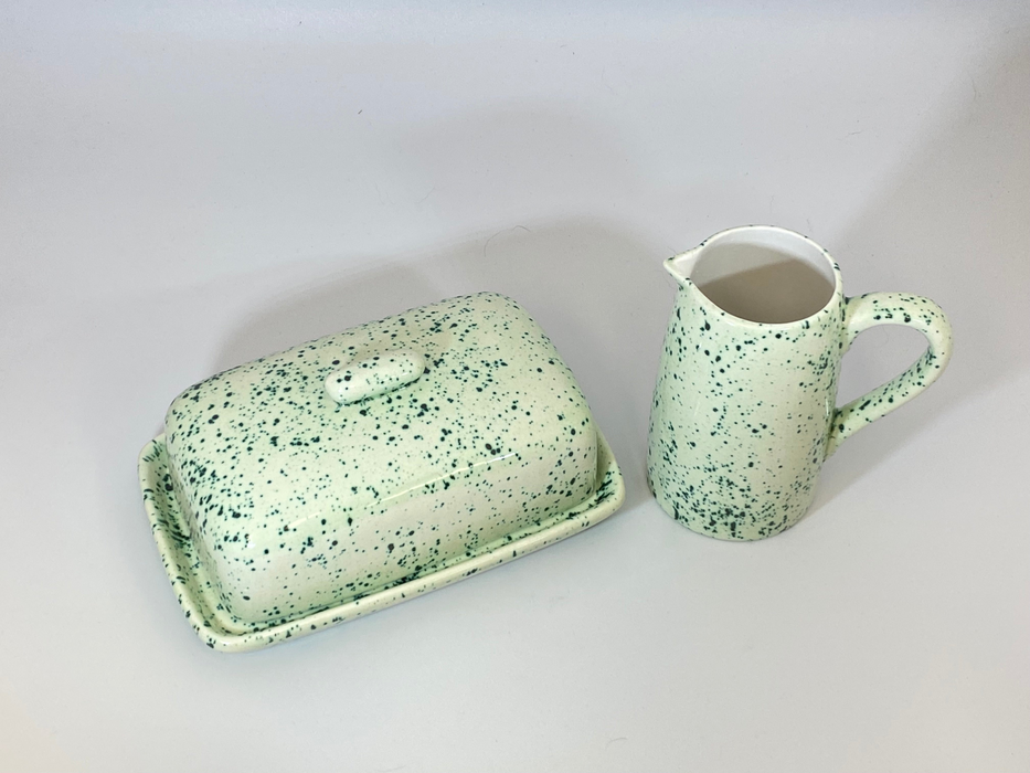 Butter Dish and Milk Jug Set Speckled Green Glaze