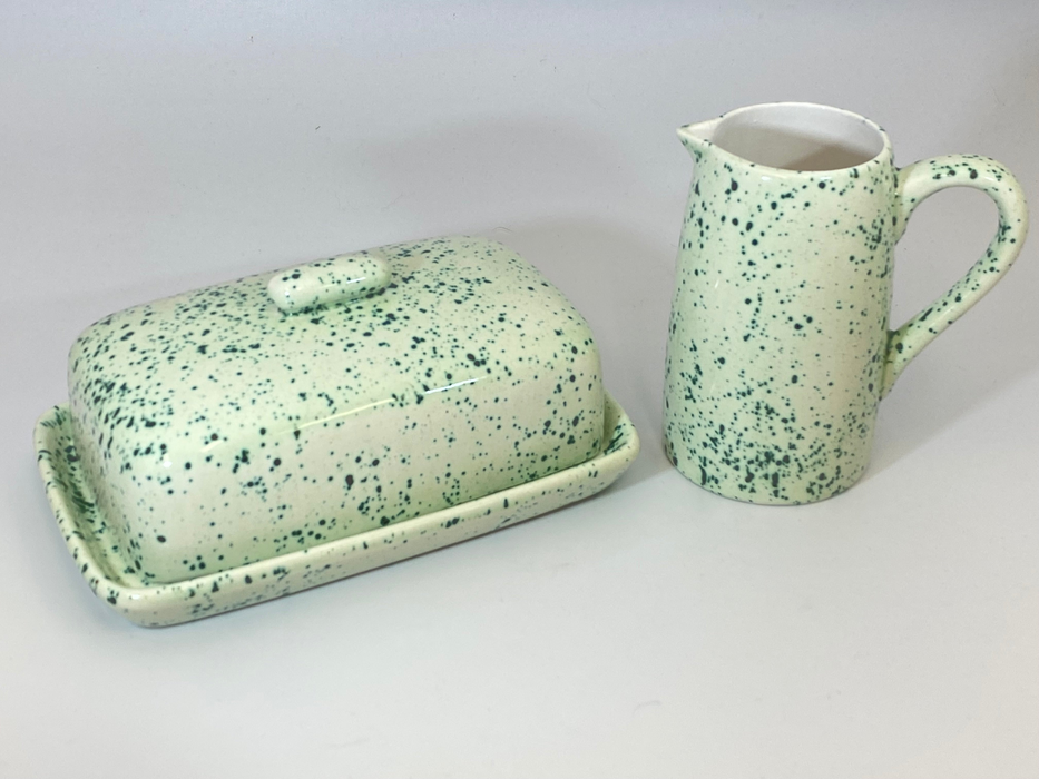 Butter Dish and Milk Jug Set Speckled Green Glaze