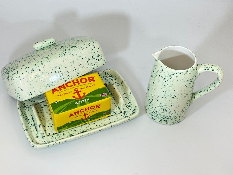 Butter Dish and Milk Jug Set Speckled Green Glaze