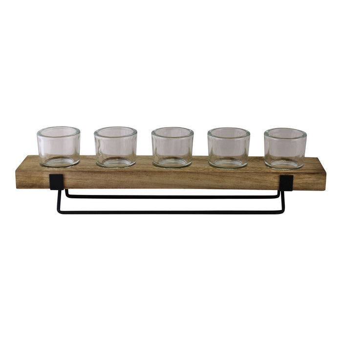 5 Piece Glass, Wood & Metal Tealight Holder - Kozeenest