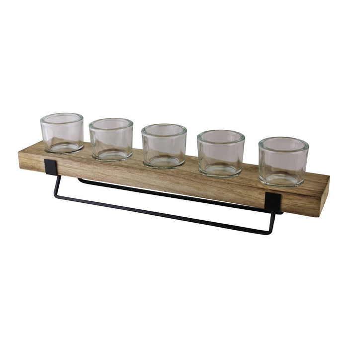 5 Piece Glass, Wood & Metal Tealight Holder - Kozeenest