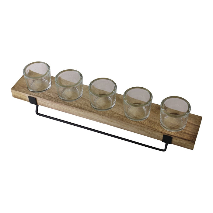 5 Piece Glass, Wood & Metal Tealight Holder - Kozeenest