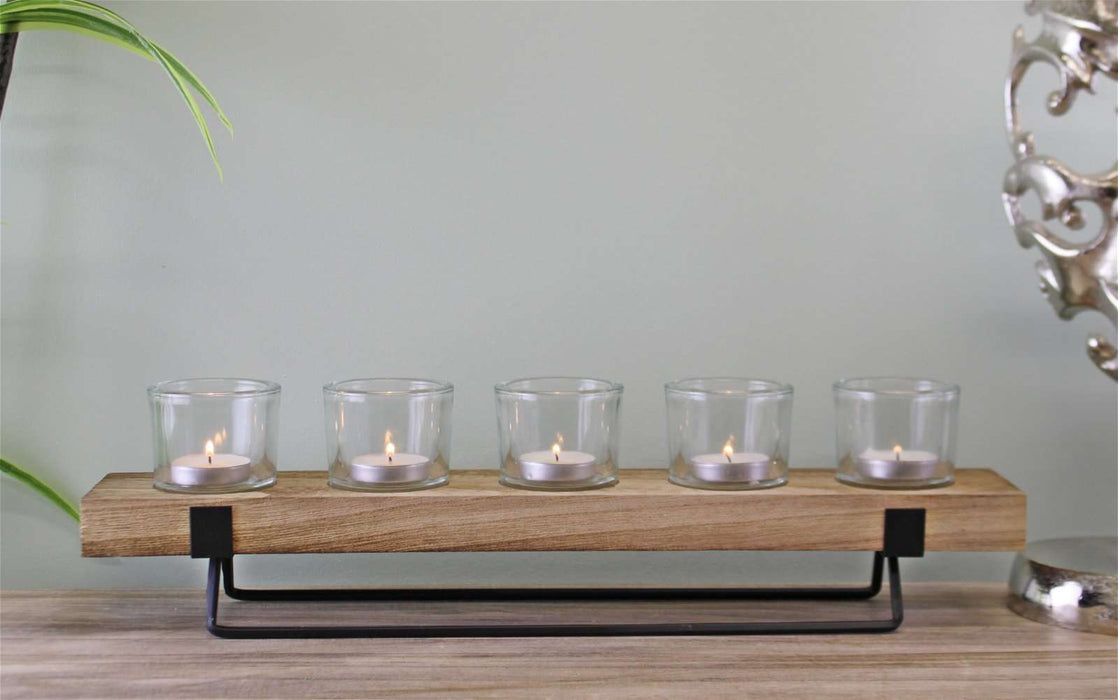 5 Piece Glass, Wood & Metal Tealight Holder - Kozeenest