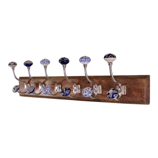 6 Double Ceramic Blue & White Coat Hooks On Wooden Base - Kozeenest