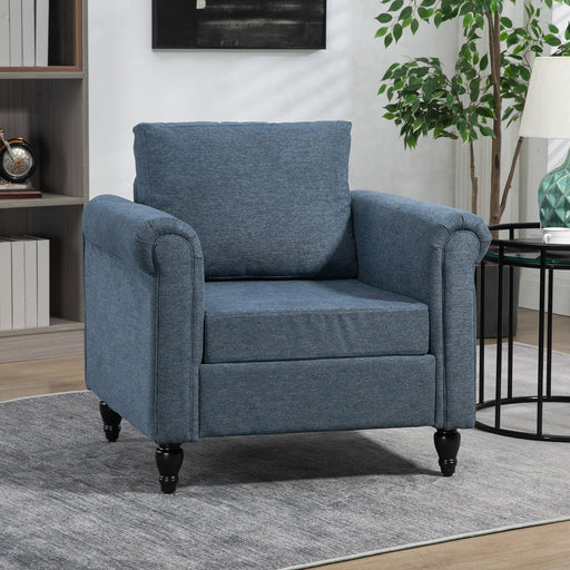 Vintage Accent Chair, Tufted Upholstered Lounge Armchair Single Sofa Chair with Rubber Wood Legs, Rolled Arms, Dark Blue-1