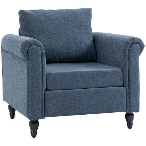 Vintage Accent Chair, Tufted Upholstered Lounge Armchair Single Sofa Chair with Rubber Wood Legs, Rolled Arms, Dark Blue-0