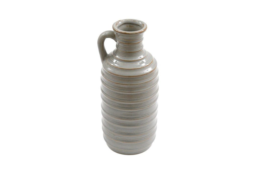 Ceramic Grey Ribbed Vase With Handle 27cm - Kozeenest