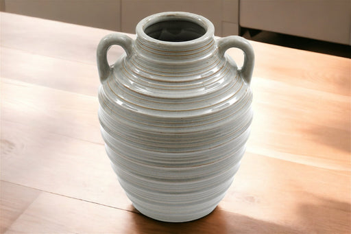 Ceramic Grey Ribbed Vase With Handles 25cm - Kozeenest