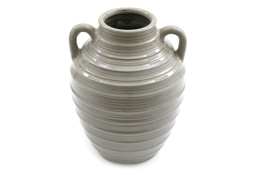 Ceramic Grey Ribbed Vase With Handles 25cm - Kozeenest