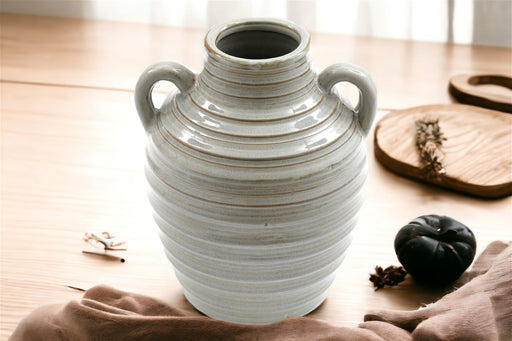 Ceramic Grey Ribbed Vase With Handles 20cm - Kozeenest