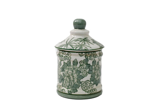 Ceramic Green Parrot Palm Willow Urn Jar With Lid 16cm - Kozeenest