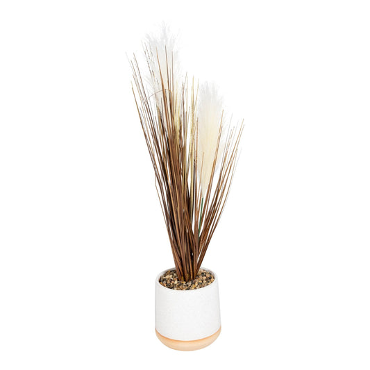 Artificial Grasses In A White Pot With White Feathers - 50cm - Kozeenest