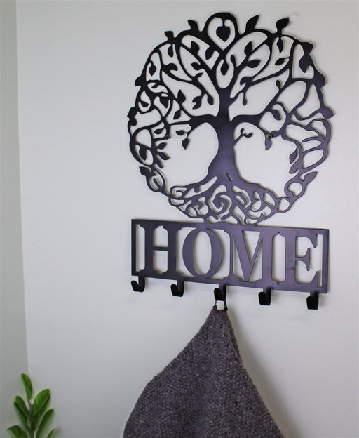 Black Metal Wall Plaque Tree of Life Featuring Hooks - Kozeenest