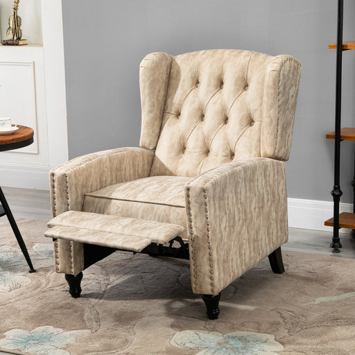 Studded Upholstered Reclining Armchair w/ Retractable Footrest Beige-1