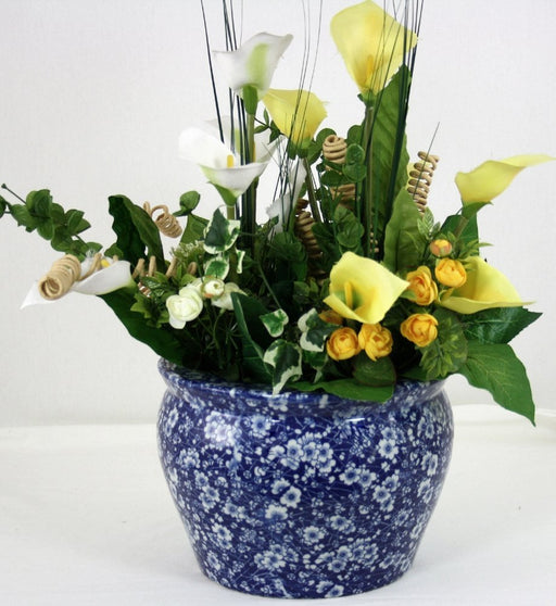 Ceramic Planter, Vintage Blue & White Daisies Design - Kozeenest