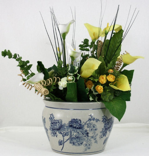 Ceramic Planter, Vintage Blue & White Magnolia Design - Kozeenest