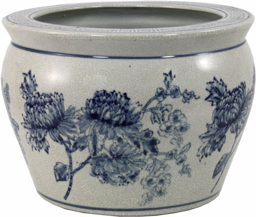 Ceramic Planter, Vintage Blue & White Magnolia Design - Kozeenest