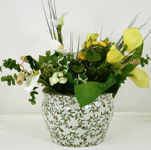 Ceramic Planter, Vintage Green & White Floral Design - Kozeenest