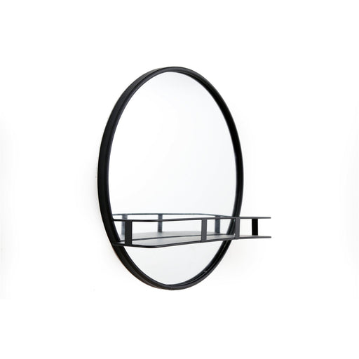 Circular Black Metal Framed Mirror With Shelf - Kozeenest