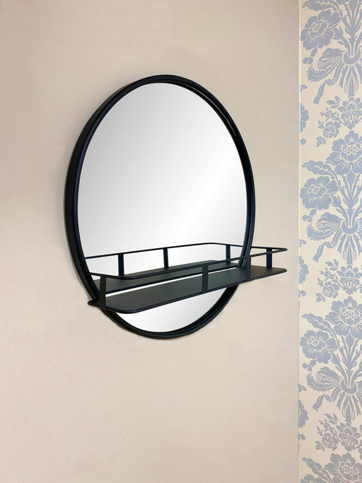 Circular Black Metal Framed Mirror With Shelf - Kozeenest