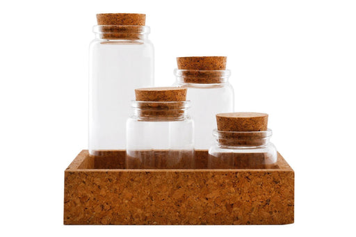 Cork Tray With Four Glass Bottles & Lids - Kozeenest