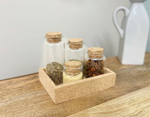 Cork Tray With Four Glass Bottles & Lids - Kozeenest