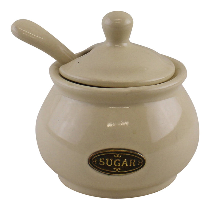 Country Cottage Cream Ceramic Sugar Bowl With Lid & Spoon - Kozeenest