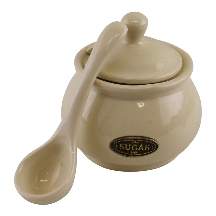 Country Cottage Cream Ceramic Sugar Bowl With Lid & Spoon - Kozeenest