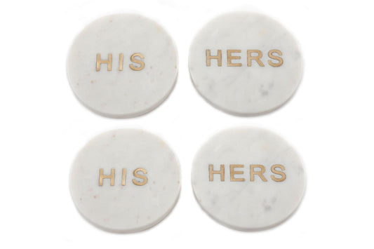 Four 'His' & 'Her' White Marble Coasters - Kozeenest
