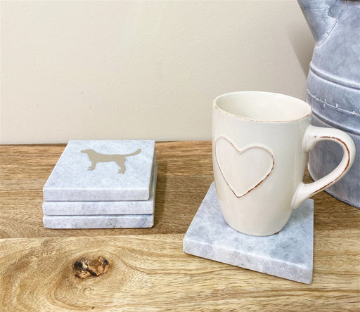 Four Square White Marble Coasters With Gold Dog Design - Kozeenest