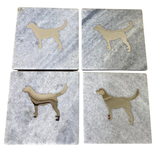 Four Square White Marble Coasters With Gold Dog Design - Kozeenest