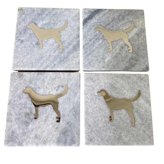 Four Square White Marble Coasters With Gold Dog Design - Kozeenest