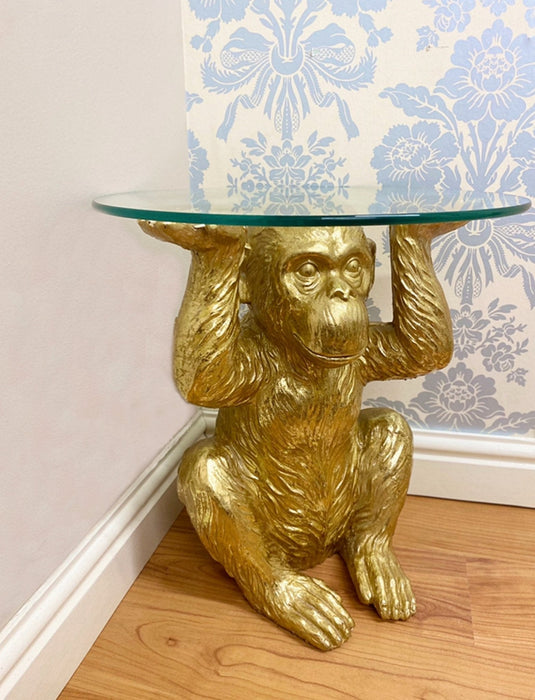 Gold Chimp With Glass Top Side Table - Kozeenest