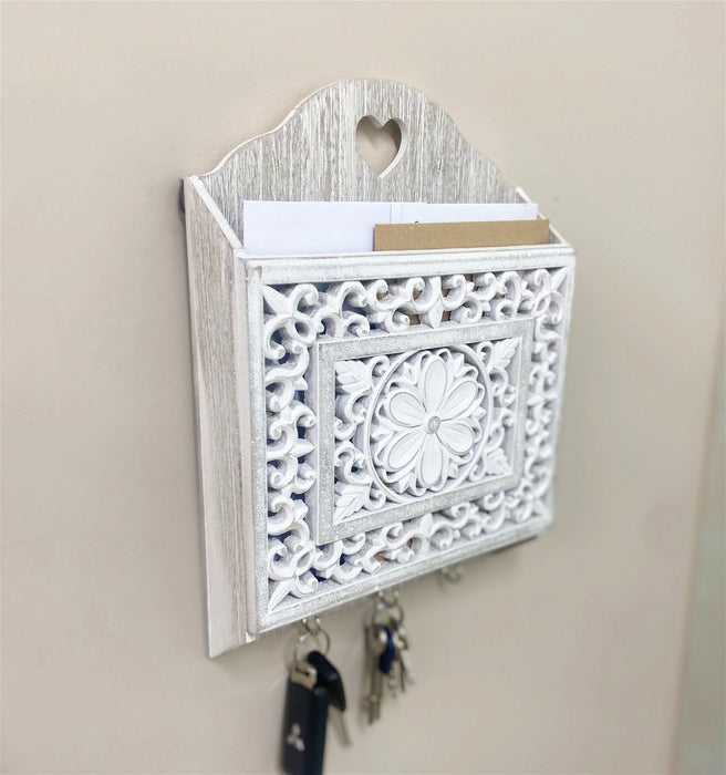 Grey Wooden 3 Hook Key Holder With Cutout Pattern Shelf - Kozeenest