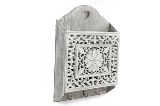 Grey Wooden 3 Hook Key Holder With Cutout Pattern Shelf - Kozeenest