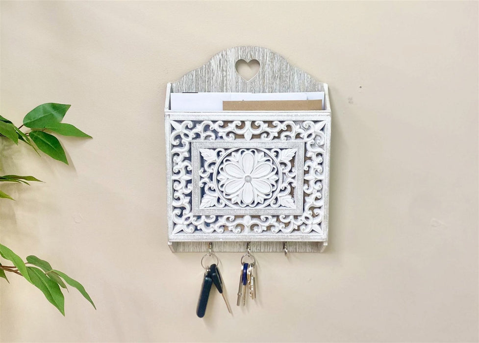 Grey Wooden 3 Hook Key Holder With Cutout Pattern Shelf - Kozeenest