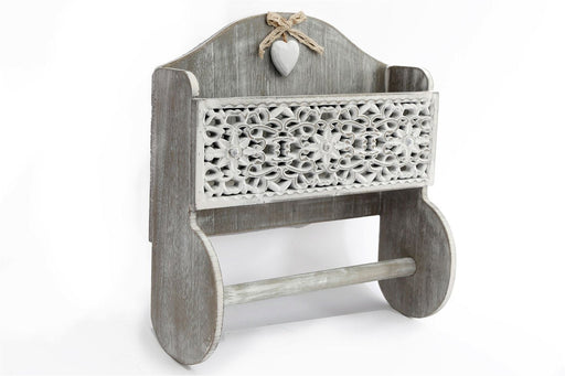 Grey Wooden Kitchen Towel Holder With Cutout Pattern Shelf - Kozeenest