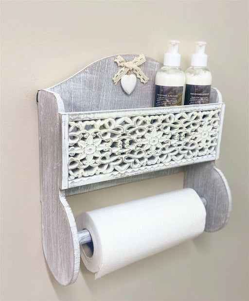 Grey Wooden Kitchen Towel Holder With Cutout Pattern Shelf - Kozeenest