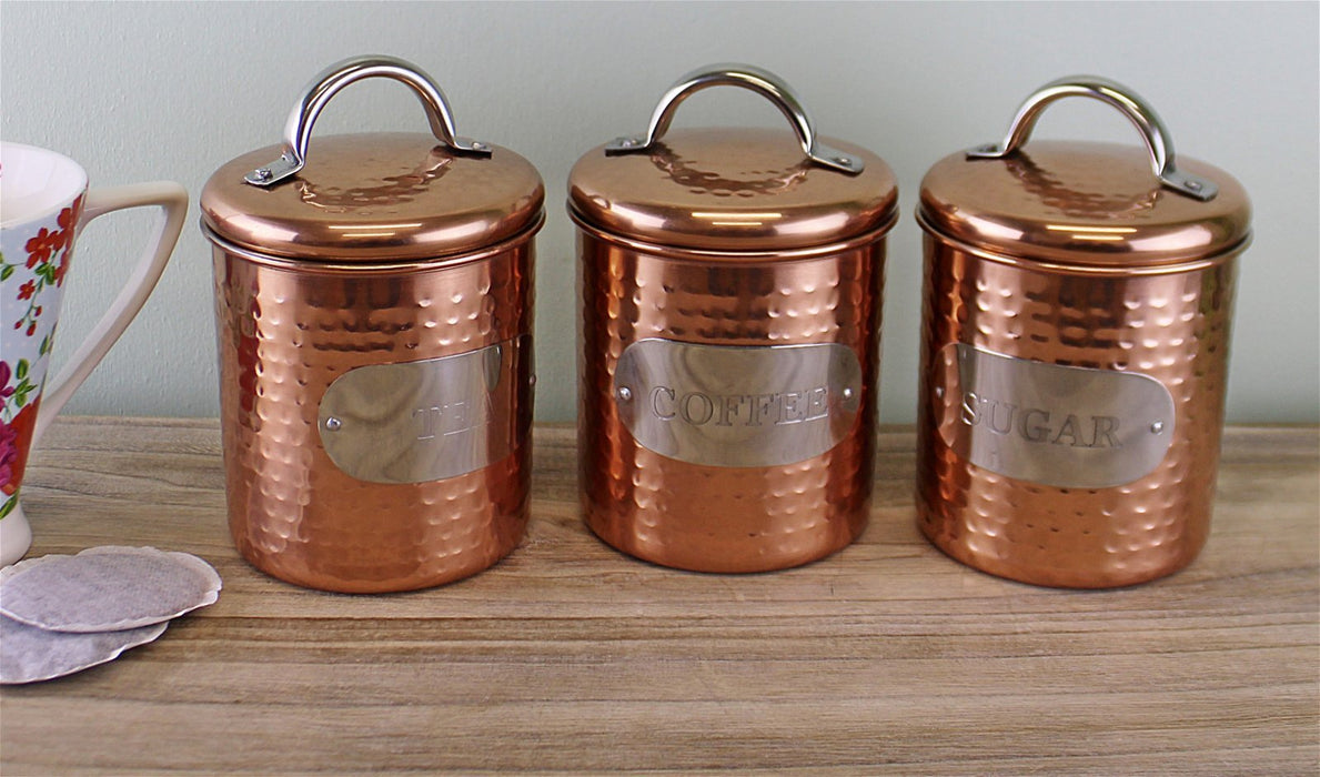 Hammered Copper Set of 3 Tea, Coffee & Sugar Canisters - Kozeenest