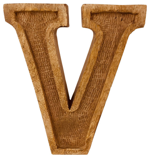 Hand Carved Wooden Embossed Letter V - Kozeenest