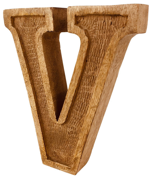 Hand Carved Wooden Embossed Letter V - Kozeenest