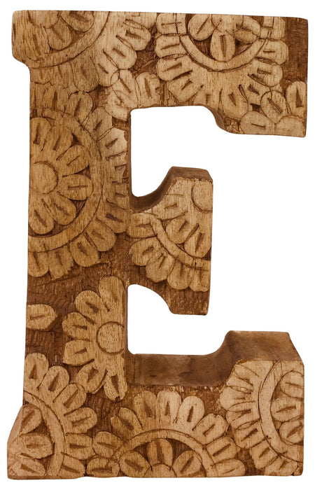 Hand Carved Wooden Flower Letter E - Kozeenest