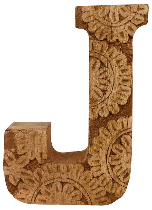 Hand Carved Wooden Flower Letter J - Kozeenest