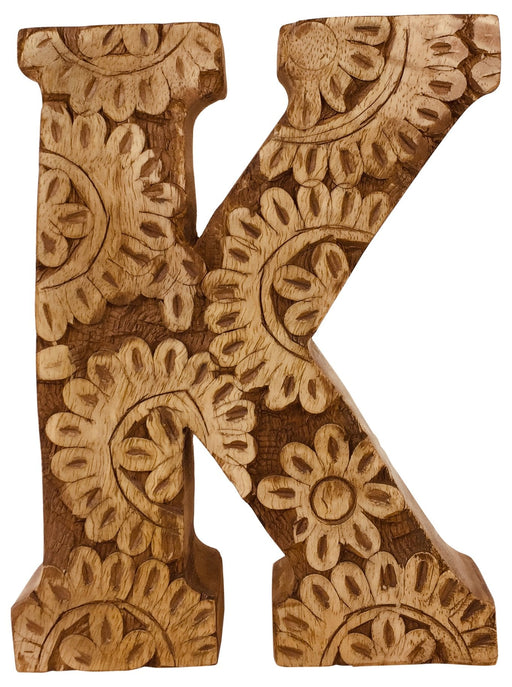 Hand Carved Wooden Flower Letter K - Kozeenest