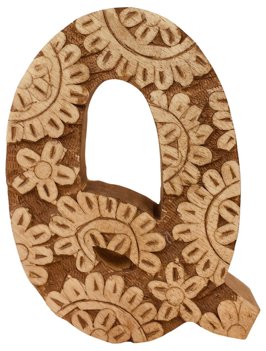 Hand Carved Wooden Flower Letter Q - Kozeenest