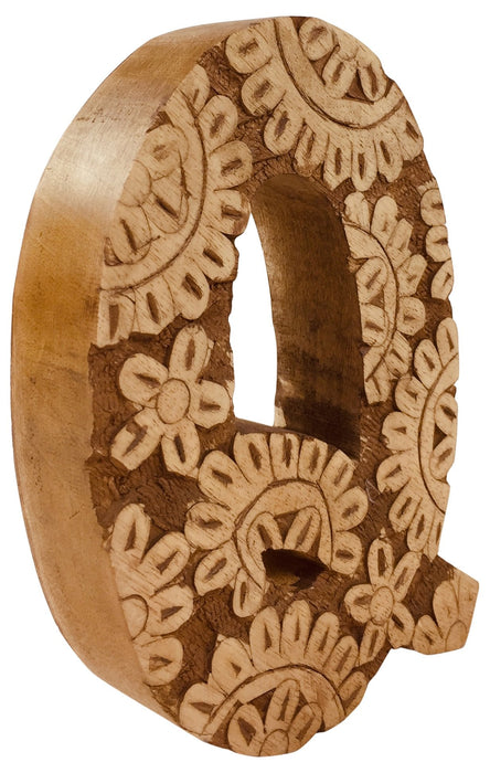 Hand Carved Wooden Flower Letter Q - Kozeenest