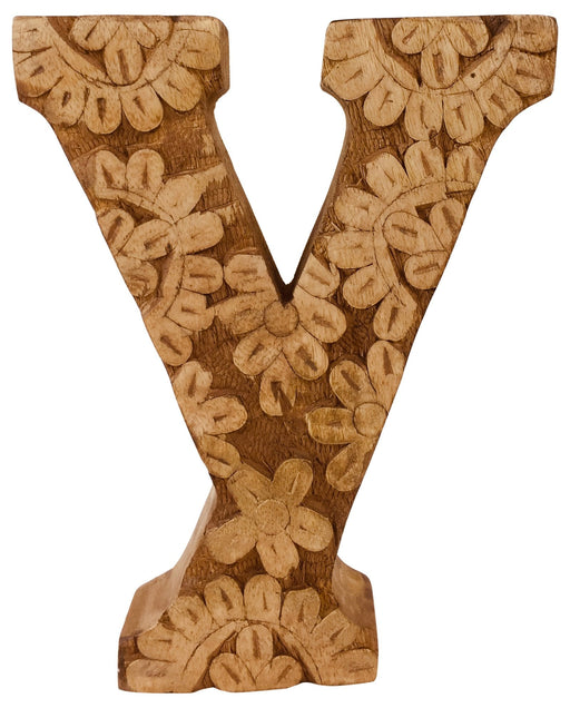 Hand Carved Wooden Flower Letter Y - Kozeenest